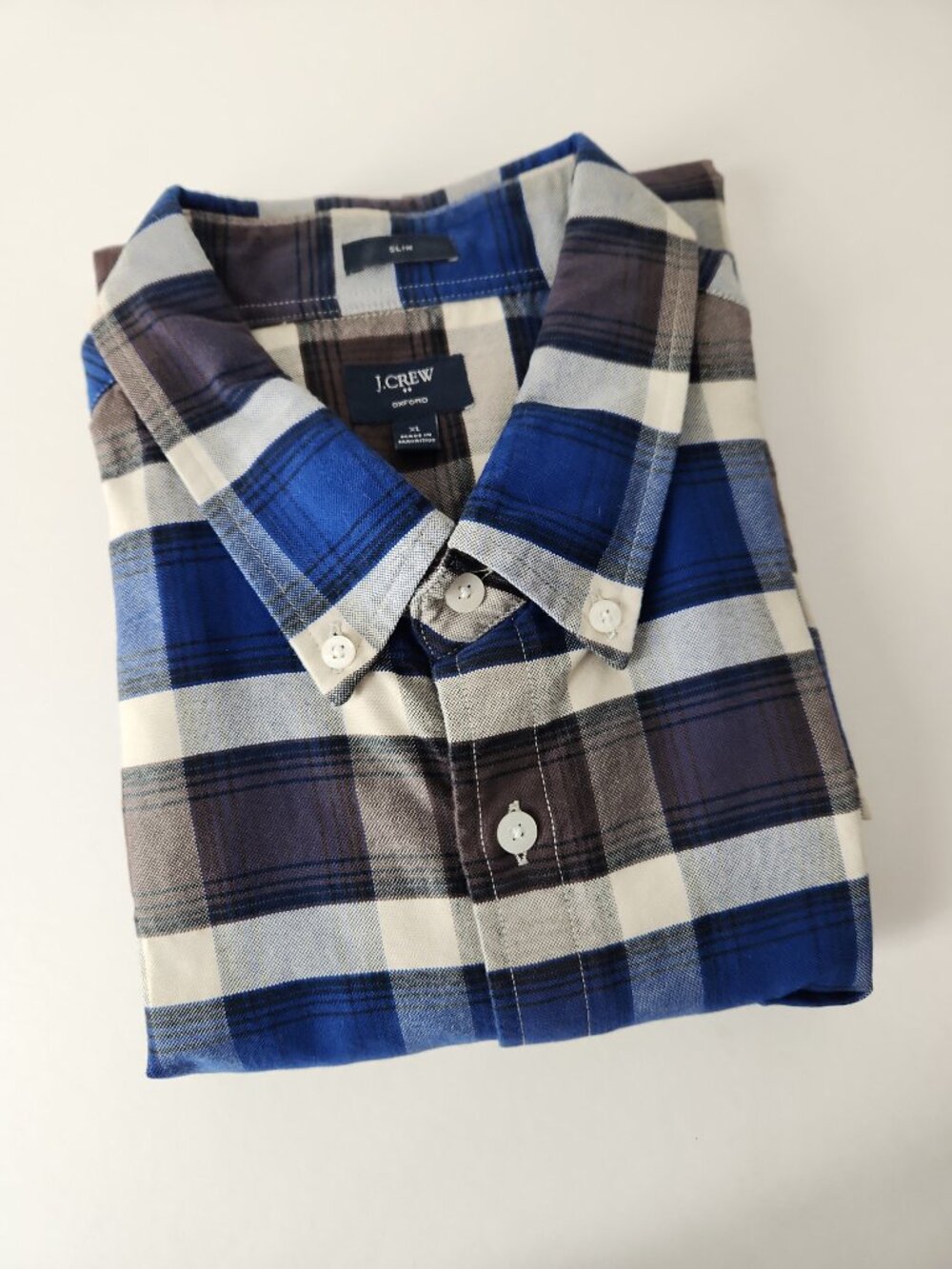 J.Crew slim-fit Oxford shirt long sleeves blue plaid check pocket men's XL